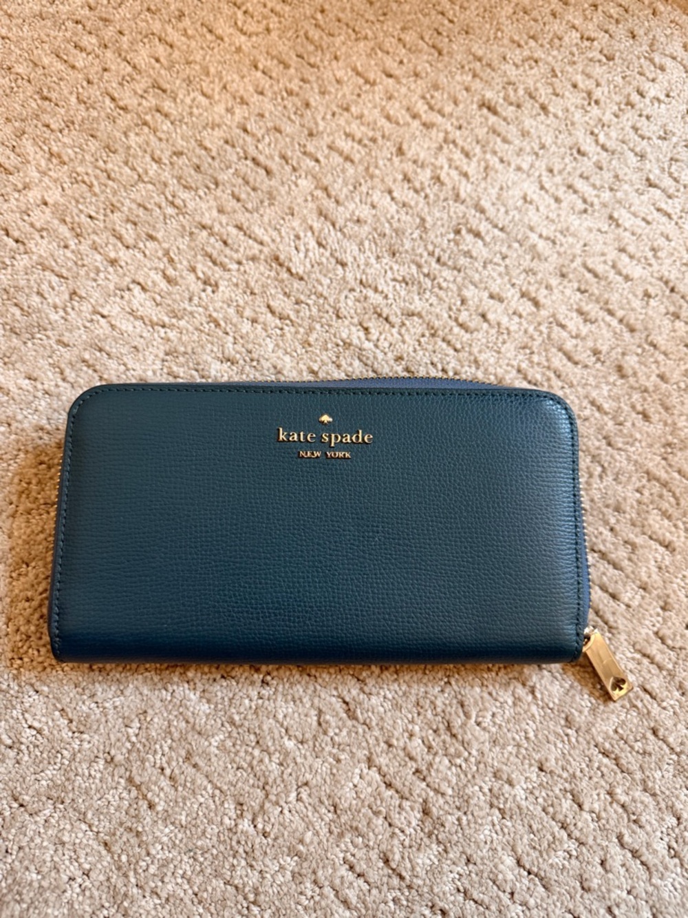 kate spade Teal Pebbled Leather Zip Wallet with Gold Hardware